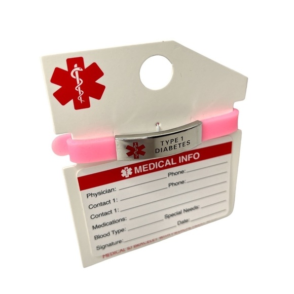 Medical ID Bracelet - Type 1 Diabetes Pink Silicone Adjustable Alert Bracelet - Picture 1 of 3
